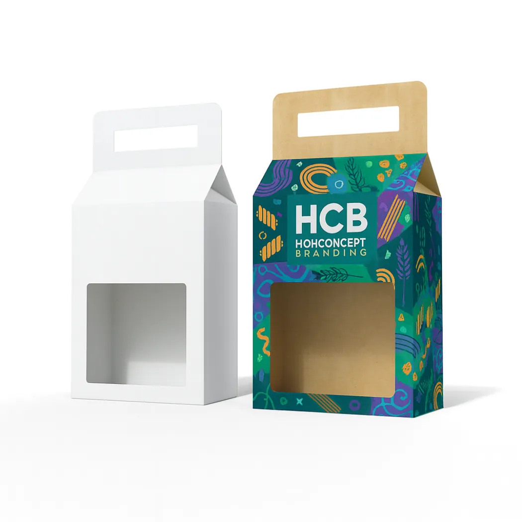 Two gabled boxes with handles and square windows- one plain white and one colourfully patterned- class=